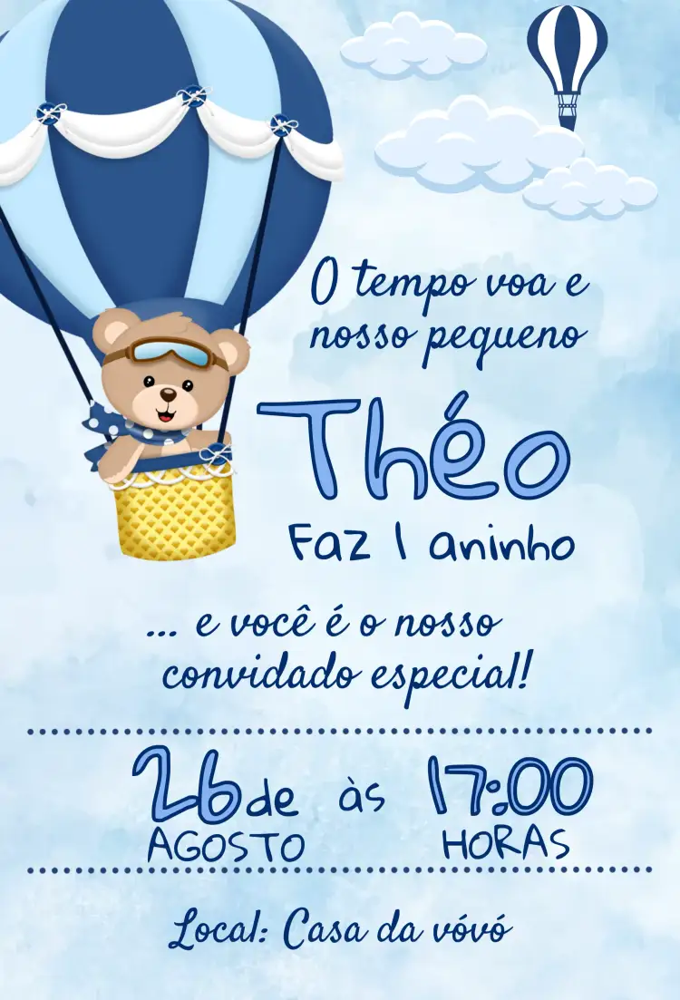 Convite Balão Azul – tema Aniversário Infantil azul, infantil, lúdico, animais, balões, celebração