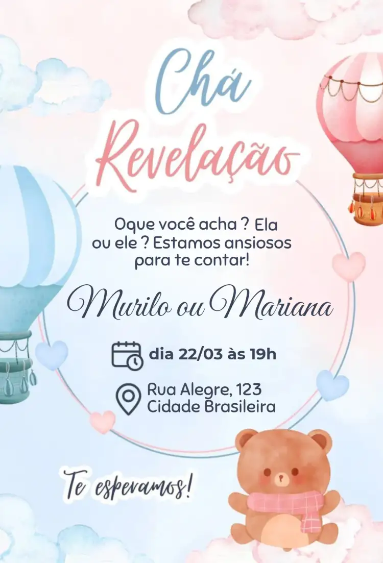 Convite Balões e nuvens – tema Chá Revelação lúdico, colorido, divertido, suave, infantil, moderno