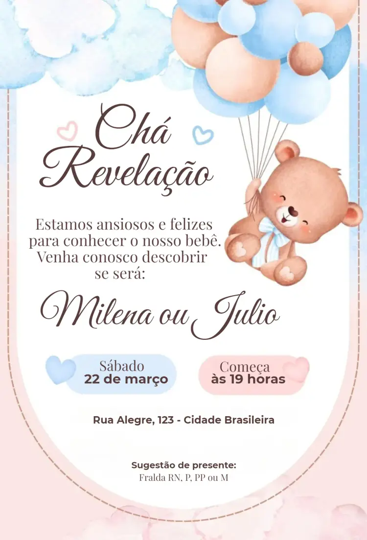 Convite Balões e urso editável e personalizável