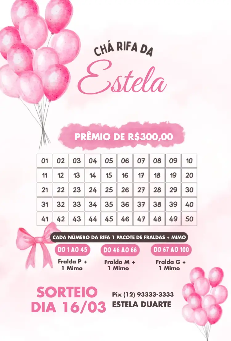 Convite Balões Rosas – tema Chá Rifa delicado, rosa, balões, infantil, feminino