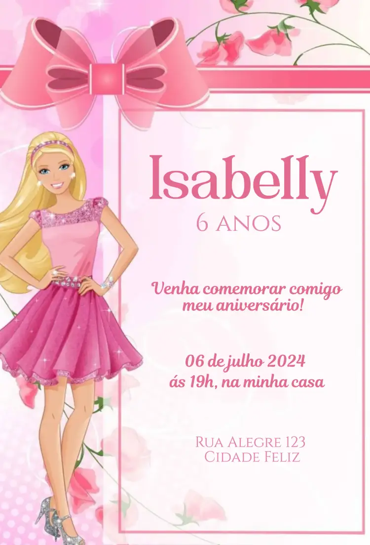 Convite Barbie com Laço – tema Aniversário Infantil rosa, feminino, divertido, moderno, infantil, temático