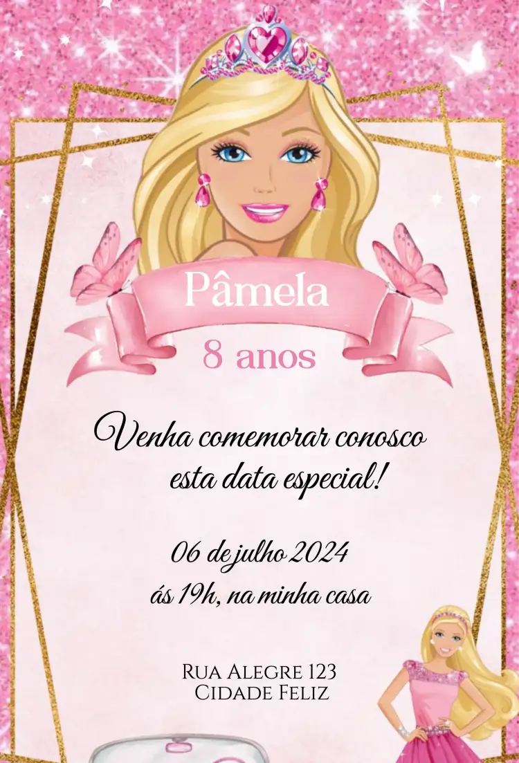 Convite Barbie Princesa – tema Aniversário Infantil rosa, princesa, feminino, fantasia, delicado, colorido