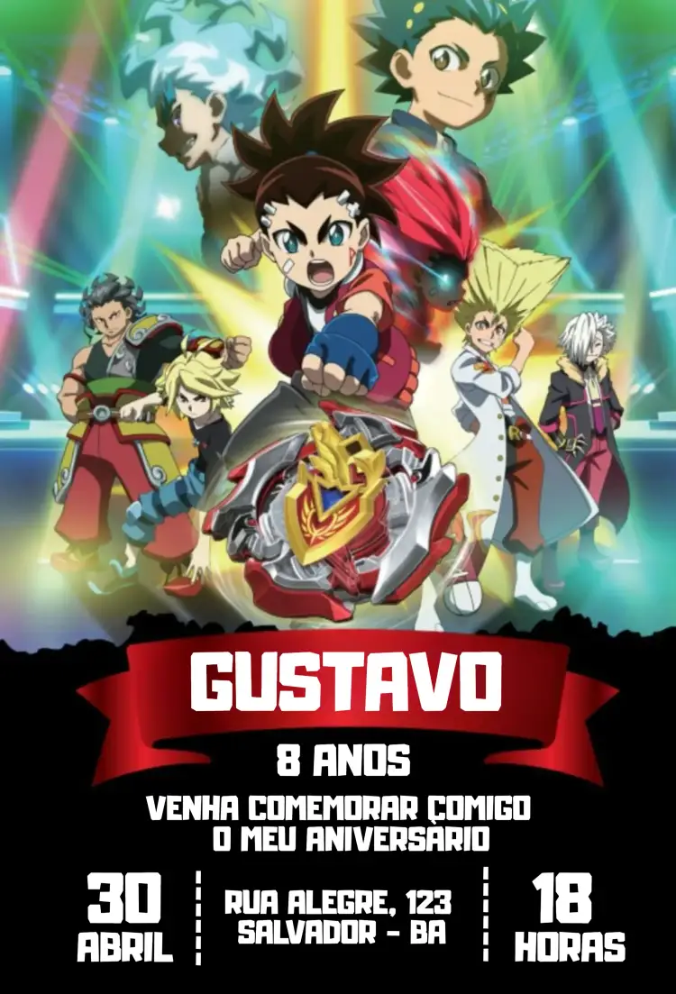 Convite Beyblade Aiger – tema Aniversário Infantil colorido, divertido, jovial, dinâmico, temático