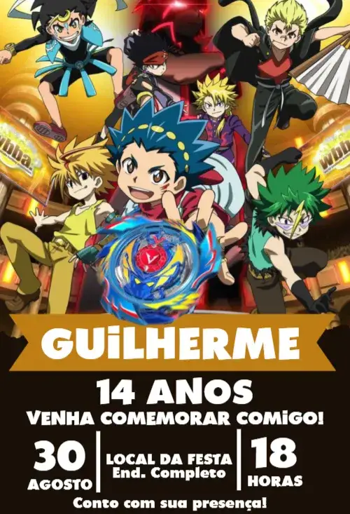 Convite Beyblade Burst Grupo – tema Aniversário Infantil anime, gamer, vibrante, moderno, interativo, colorido
