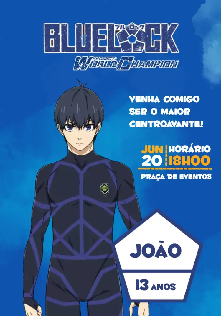 Convite Blue Lock Aniversário – tema Aniversário Infantil futebol, moderno, vibrante, dinâmico, esportivo