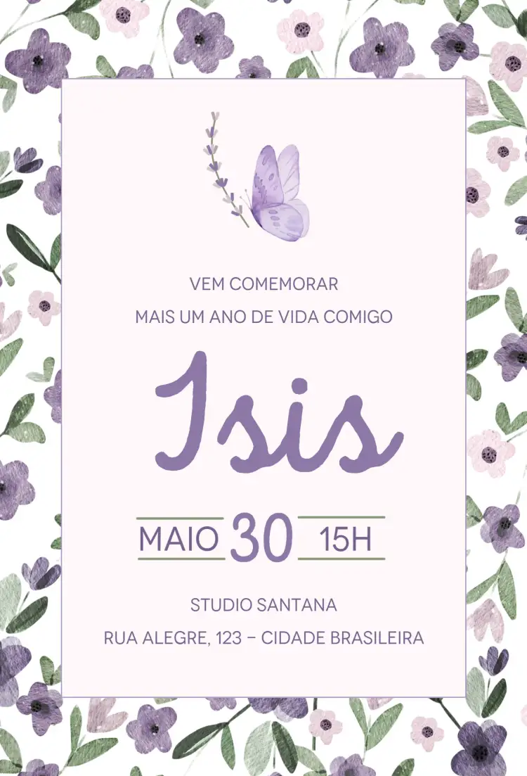 Invitation Borboleta lilás – Aniversário theme delicado, flores, lilás, moderno, infantil, colorido