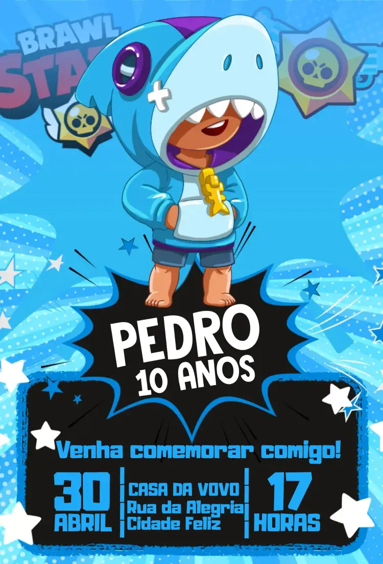 Convite Brawl Stars Leon Tubarão – tema Aniversário Infantil azul, moderno, jogos, divertido, infantil, temático