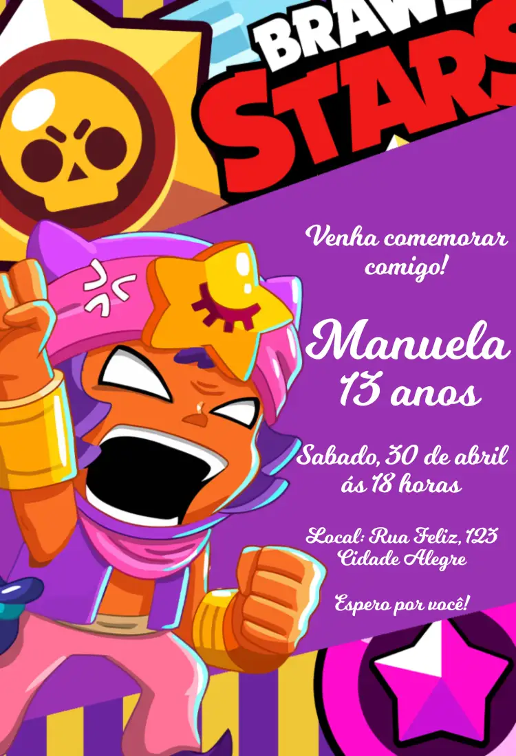 Convite Brawl Stars Sandy Animada – tema Aniversário Infantil estilo desértico, cores vibrantes, elementos gráficos do jogo, visual lúdico, design divertido