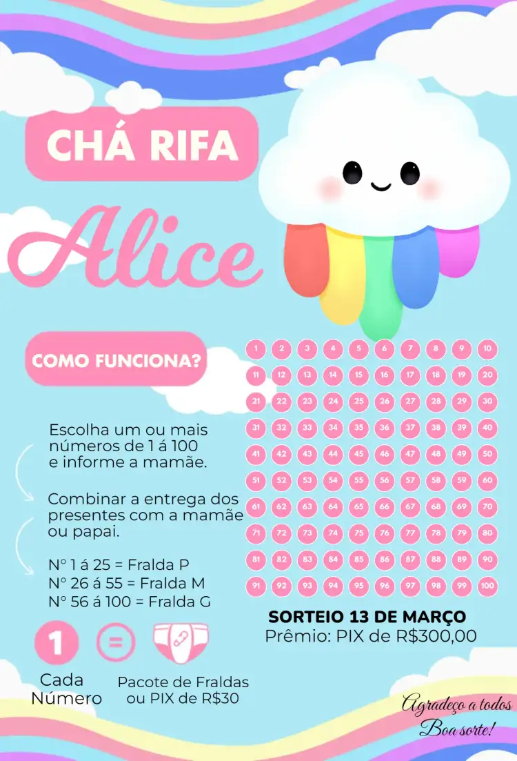 Convite Chuva de Amor Nuvenzinha – tema Chá Rifa suave, colorido, infantil, natureza, lúdico, feliz