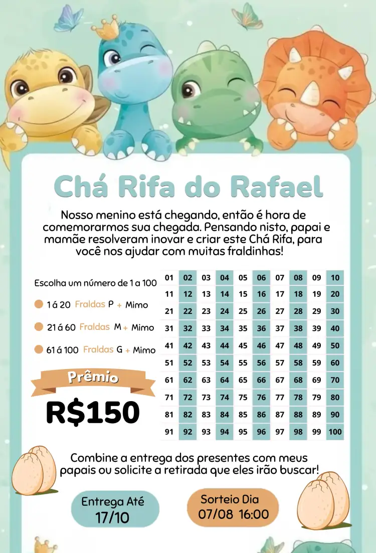 Convite Dinossauros Baby – tema Chá Rifa colorido, animais, natureza, divertido, infantil, safári