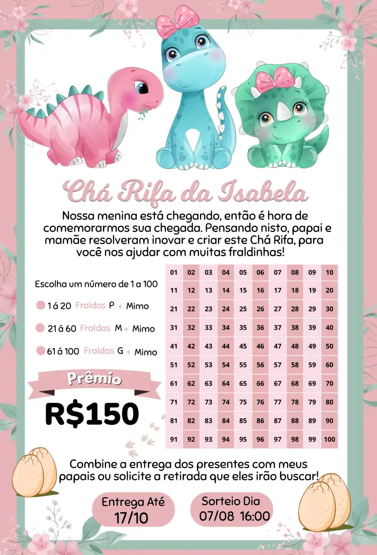 Convite Dinossauros e Flores – tema Chá Rifa colorido, lúdico, natural, tropical, infantil, divertido