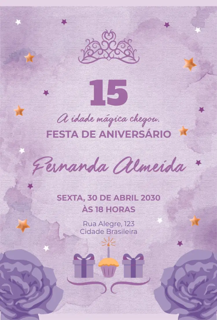 Convite Flor Violeta – tema Aniversário floral, moderno, suave, elegante, delicado