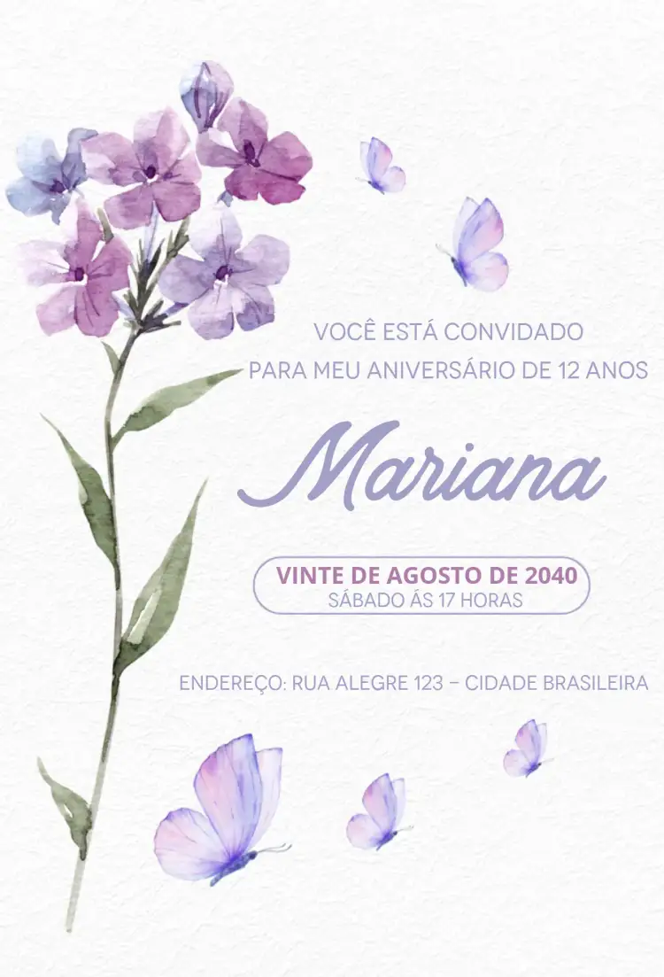 Invitation Floral lilás – Aniversário theme floral, aquarela, lilás, elegante, moderno, suave