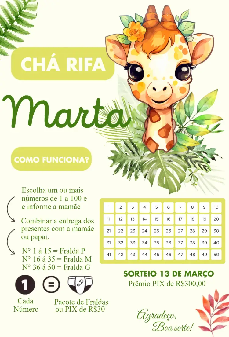 Convite Girafa Kawai – tema Chá Rifa fofo, colorido, safari, minimalista, divertido