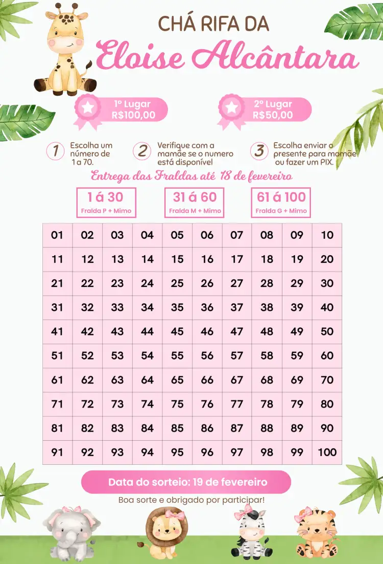 Convite Girafa Safari Rosa – tema Chá Rifa safari, animais, natureza, rosa, infantil