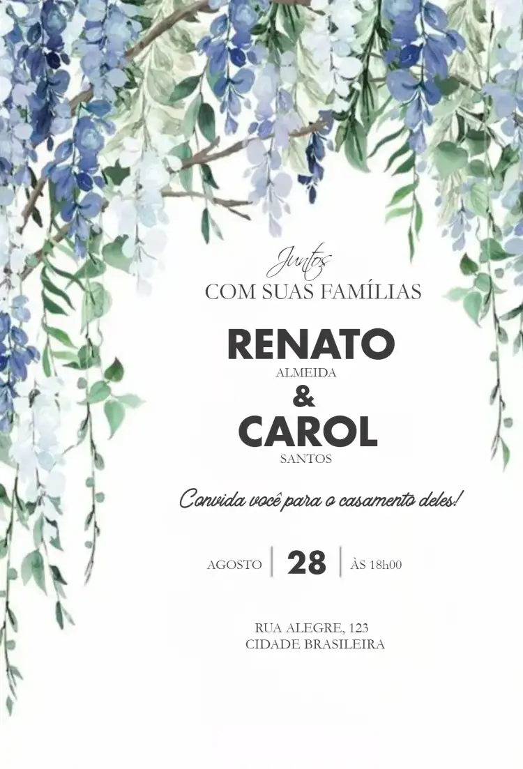 Convite Glicínias Românticas – tema Casamento floral, romântico, delicado, natural, pastel, elegante