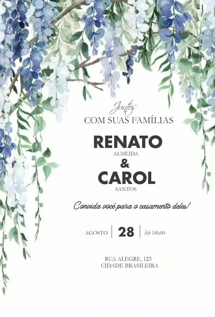 Convite Glicínias Românticas editável e personalizável
