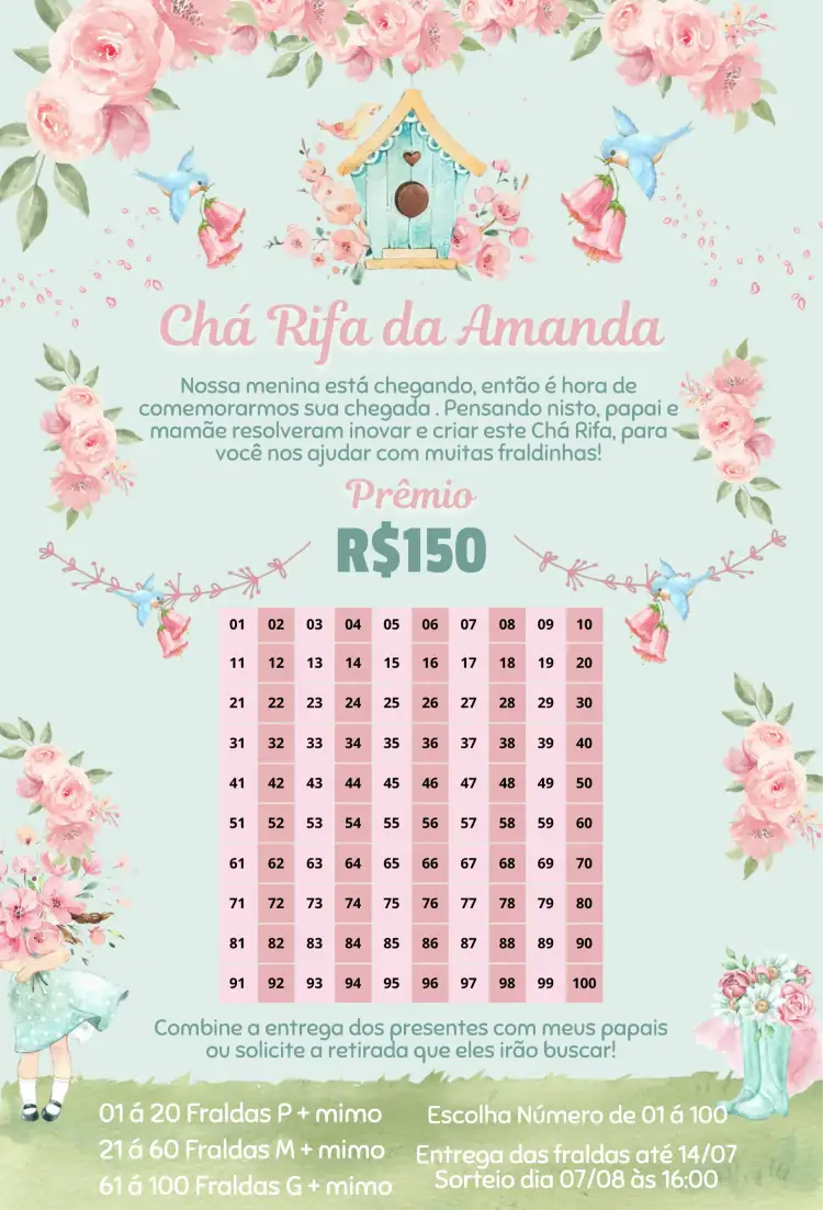 Convite Jardim Encantado Botas e Flores – tema Chá Rifa floral, encantado, colorido, divertido, natureza, infantil