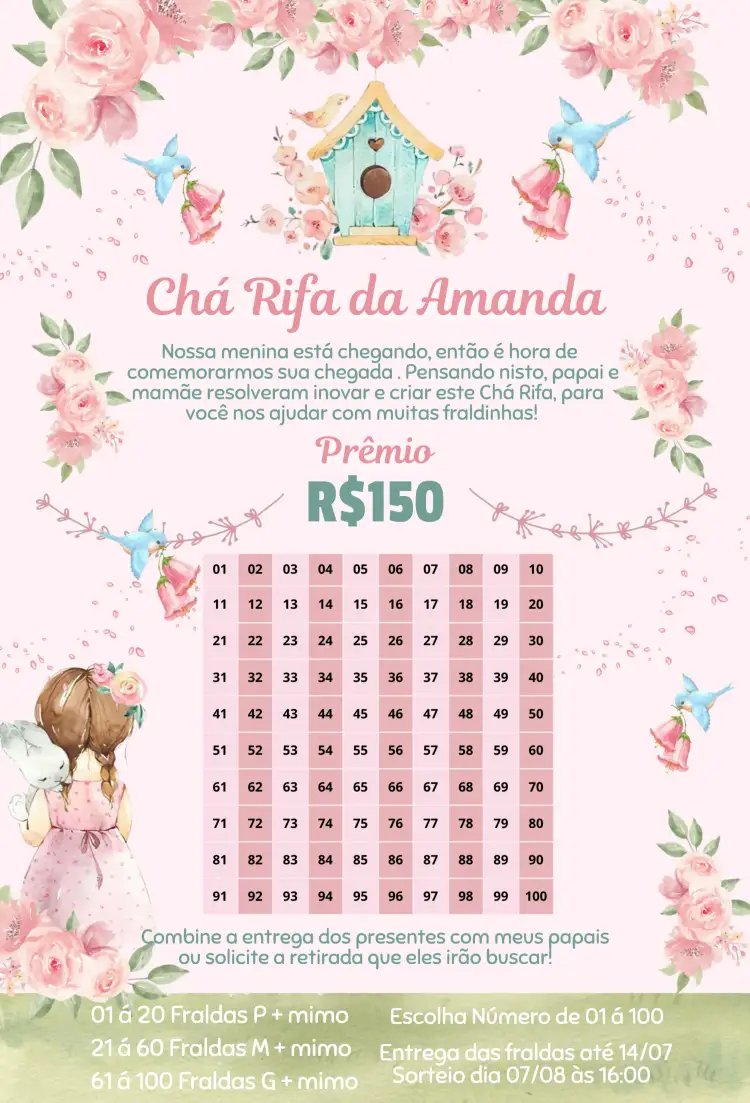 Convite Jardim Encanto Menina e Coelho – tema Chá Rifa floral, lúdico, colorido, natureza, suave, infantil