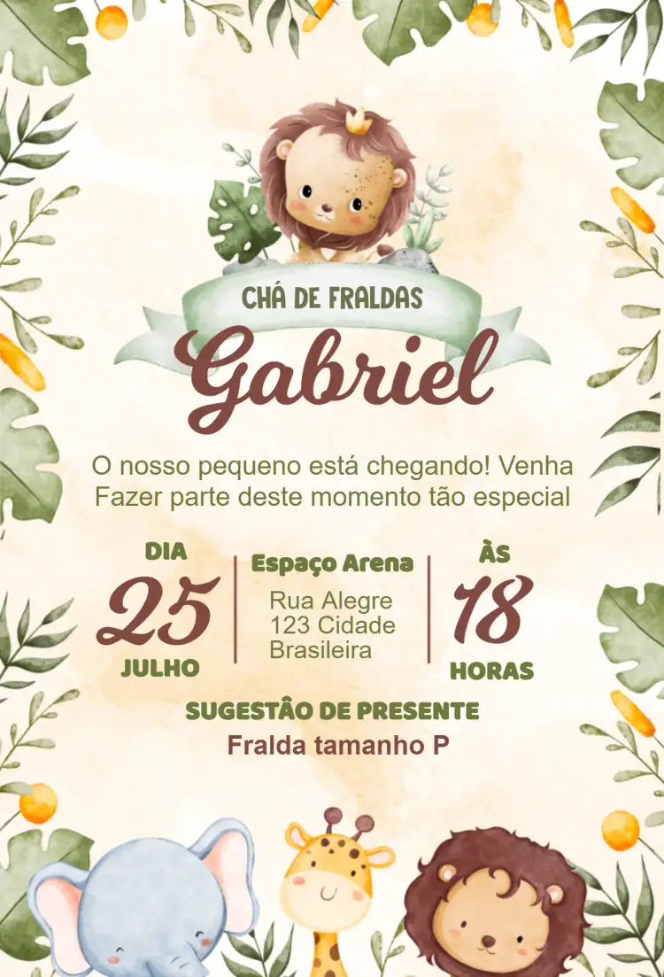 Convite Leãozinho fofo – tema Chá Rifa animal print, cores suaves, ilustrações lúdicas, estilo moderno, natural, tons pastéis