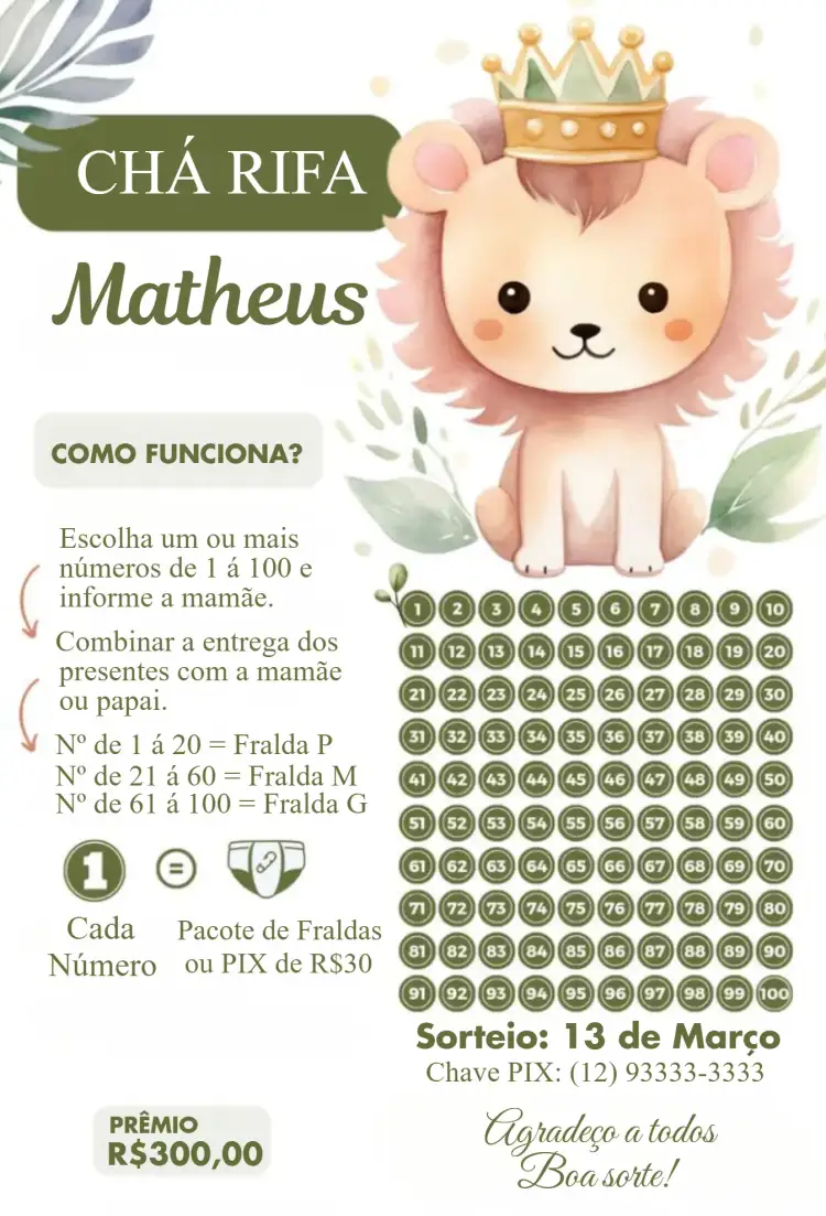 Convite Leãozinho rei verde – tema Chá Rifa verde suave, animais, delicado, infantil, moderno