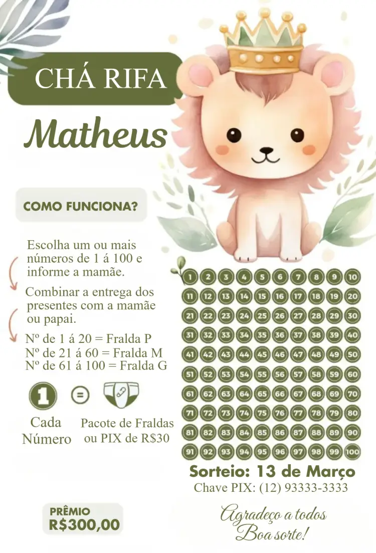 Convite Leãozinho rei verde editável e personalizável