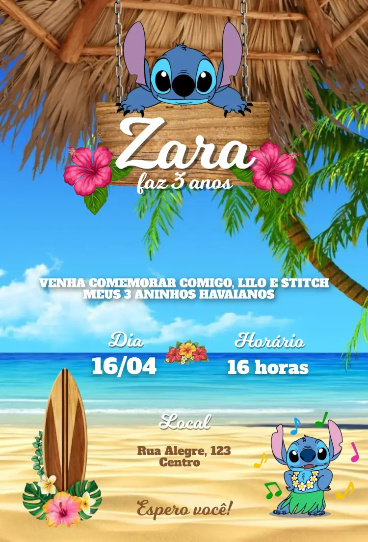 Convite Lilo e Stitch Havaiano editável e personalizável