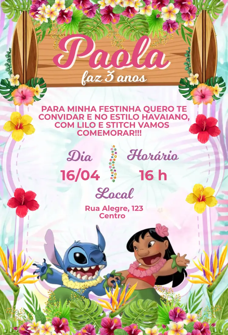 Convite Lilo e Stitch Natureza – tema Aniversário Infantil havaiano, colorido, tropical, divertido, natural, infantil