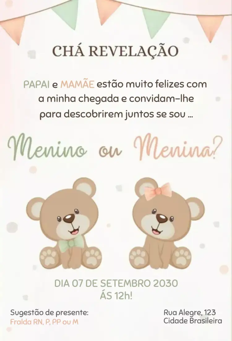 Convite Menino ou menina ursinhos – tema Chá Revelação fofo, colorido, infantil, lúdico, moderno, alegre