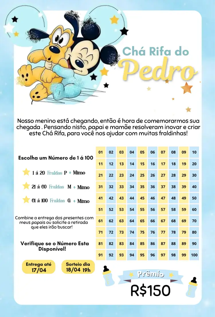 Convite Mickey e Pateta Amigos – tema Chá Rifa Disney, infantil, colorido, divertido, pijama, animais