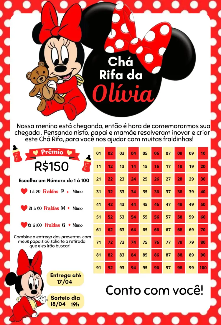 Convite Minnie Vermelha – tema Chá Rifa vermelho, rosa, lúdico, infantil, temática Disney, divertido
