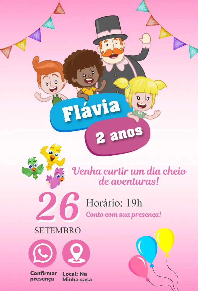 Convite Mundo Bita Rosa editável e personalizável