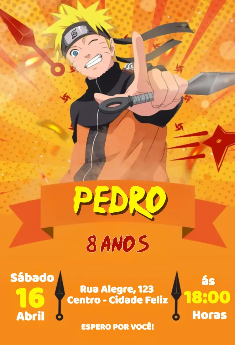 Convite Naruto Kunai editável e personalizável