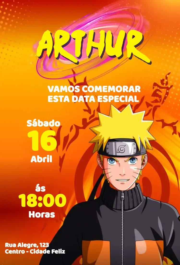 Convite Naruto Selo – tema Aniversário Infantil colorido, animado, ninja, jovial, aventura, mágico