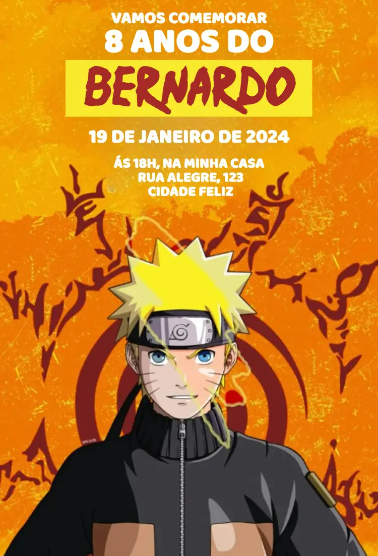 Convite Naruto Shippuden – tema Aniversário Infantil colorido, anime, ninja, divertido, temático, jovial