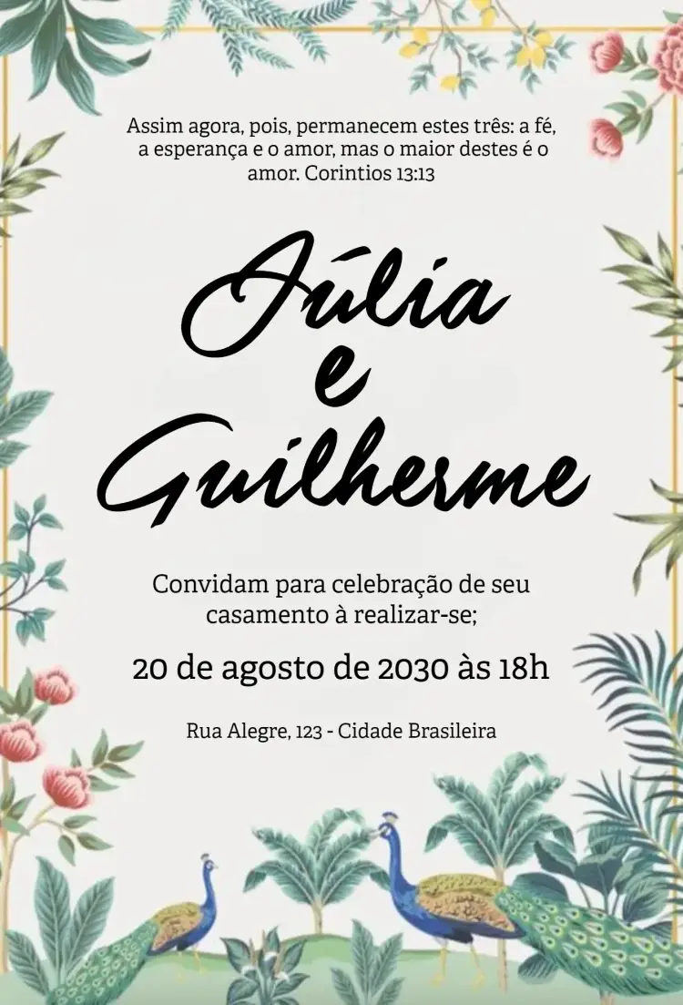 Convite Natureza e pavões editável e personalizável
