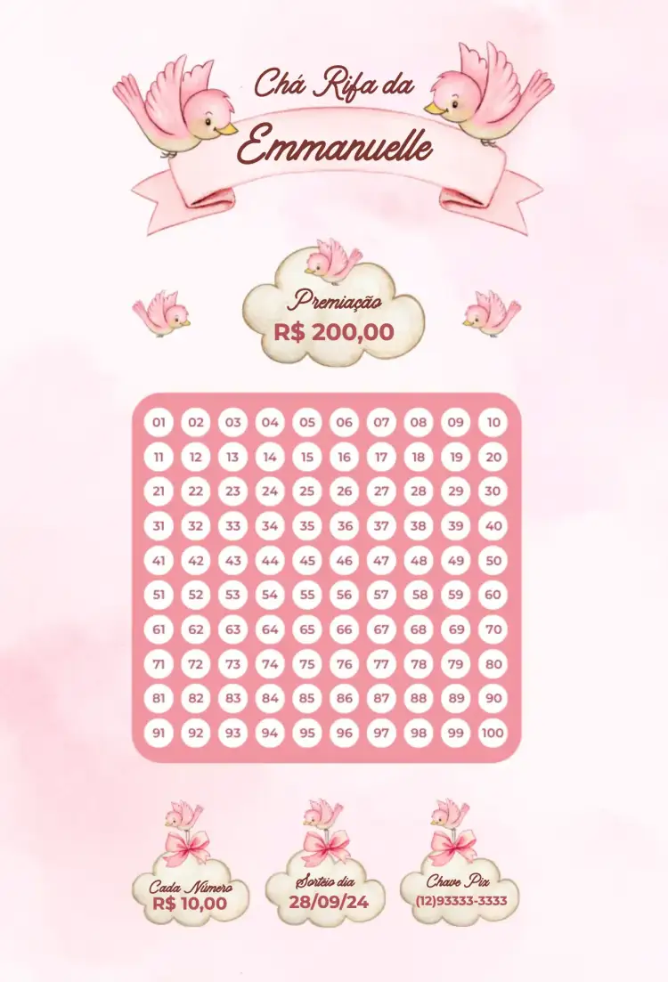 Convite Pássaros rosa – tema Chá Rifa delicado, feminino, floral, moderno, colorido