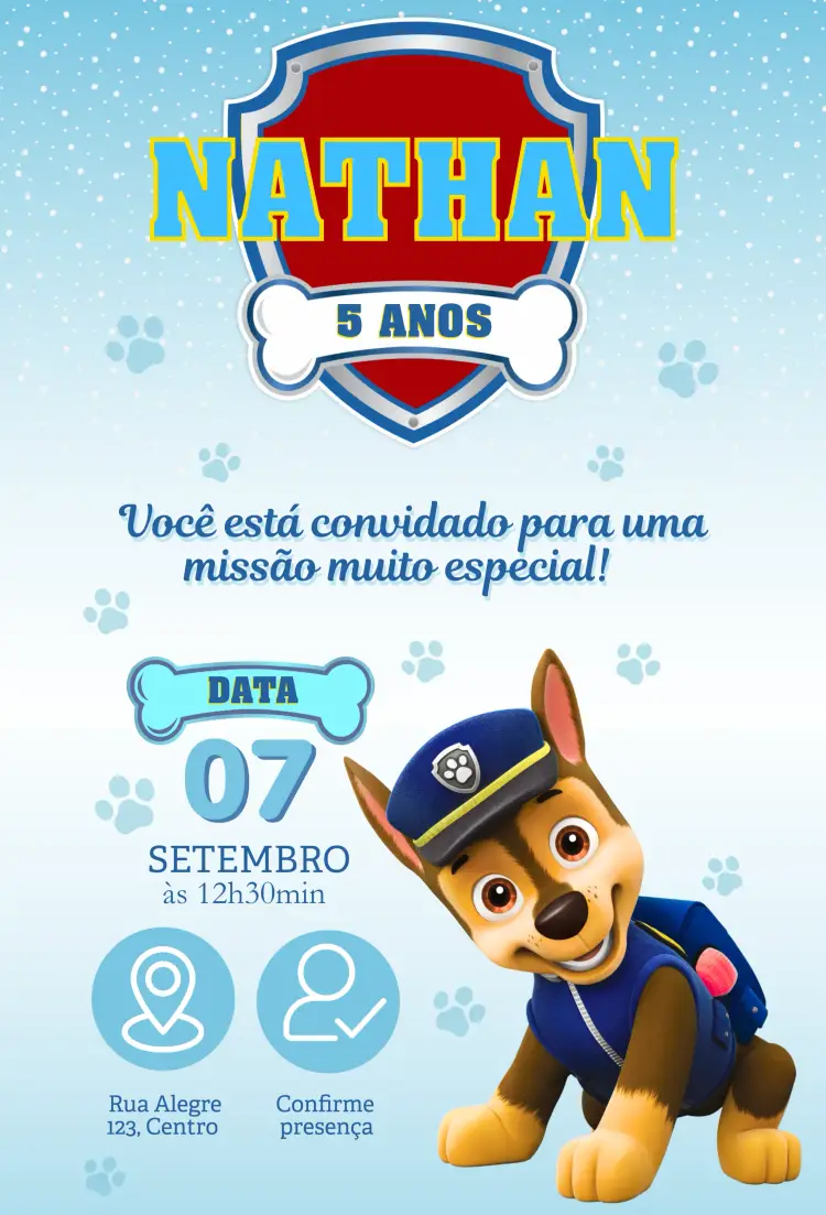 Convite Patrulha Canina Chase editável e personalizável