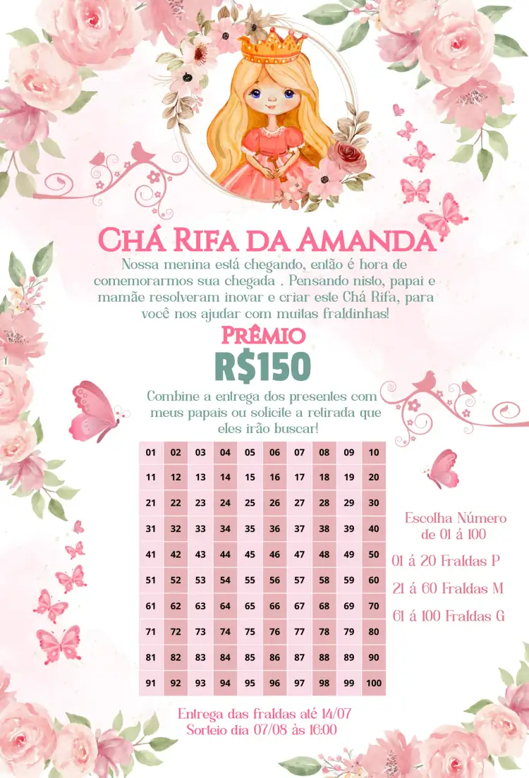 Convite Princesa Jardim Encantado – tema Chá Rifa floral, encantado, colorido, romântico, infantil, moderno