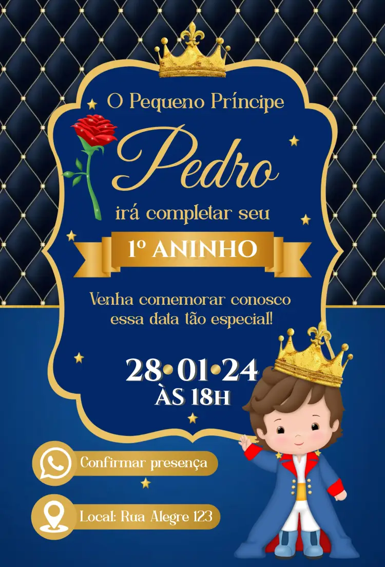 Convite Principe Azul Real editável e personalizável