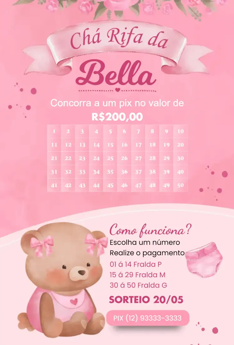 Convite Rosa Aquarela – tema Chá Rifa aquarela, natureza, delicado, colorido, suave, infantil