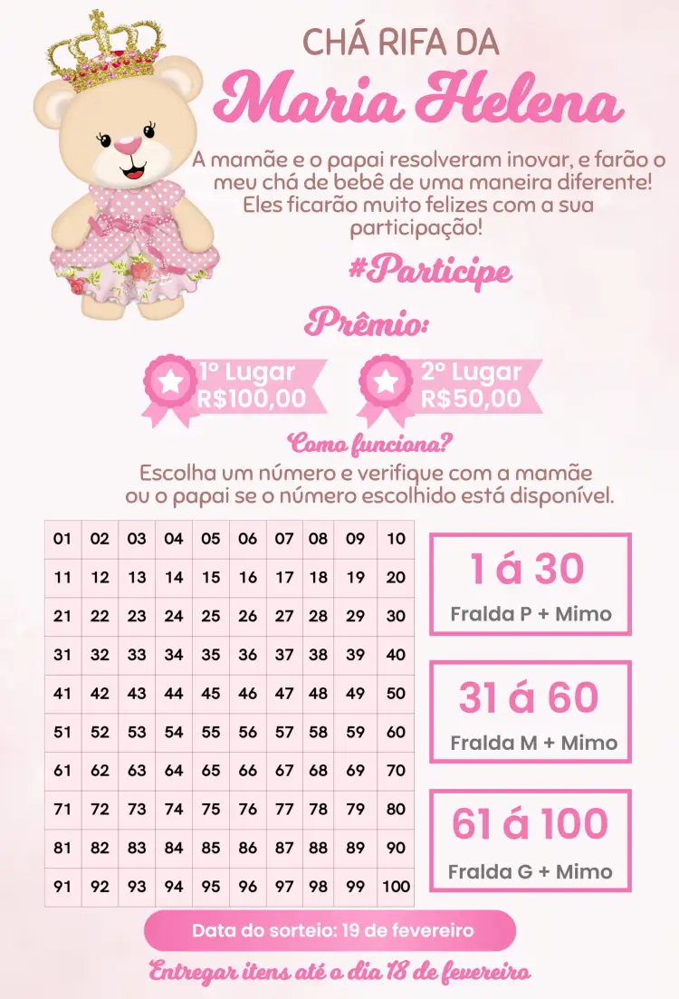 Convite Rosa realeza – tema Chá Rifa rosa, natureza, animais, delicado, charmoso