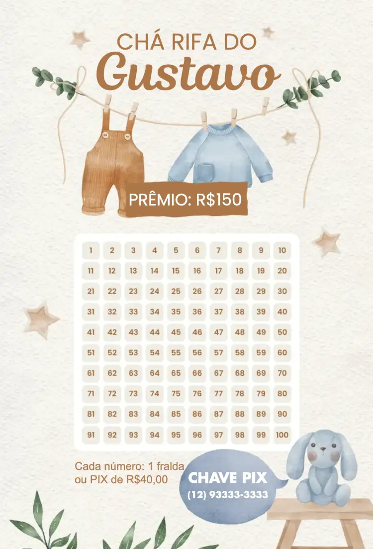 Convite Roupinhas e coelho – tema Chá Rifa delicado, fofo, pastel, infantil, branco e azul, natureza