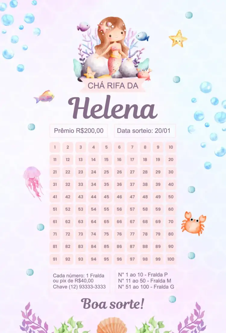 Convite Sereia Rosa e Lilás – tema Chá Rifa delicado, fundo do mar, rosa e lilás, infantil, fantasia, sonhador