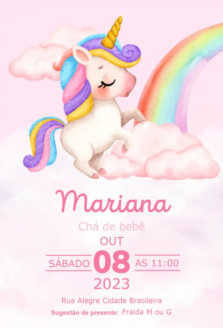 Convite Unicórnio e Nuvens – tema Chá Rifa unicórnio, infantil, aquarela