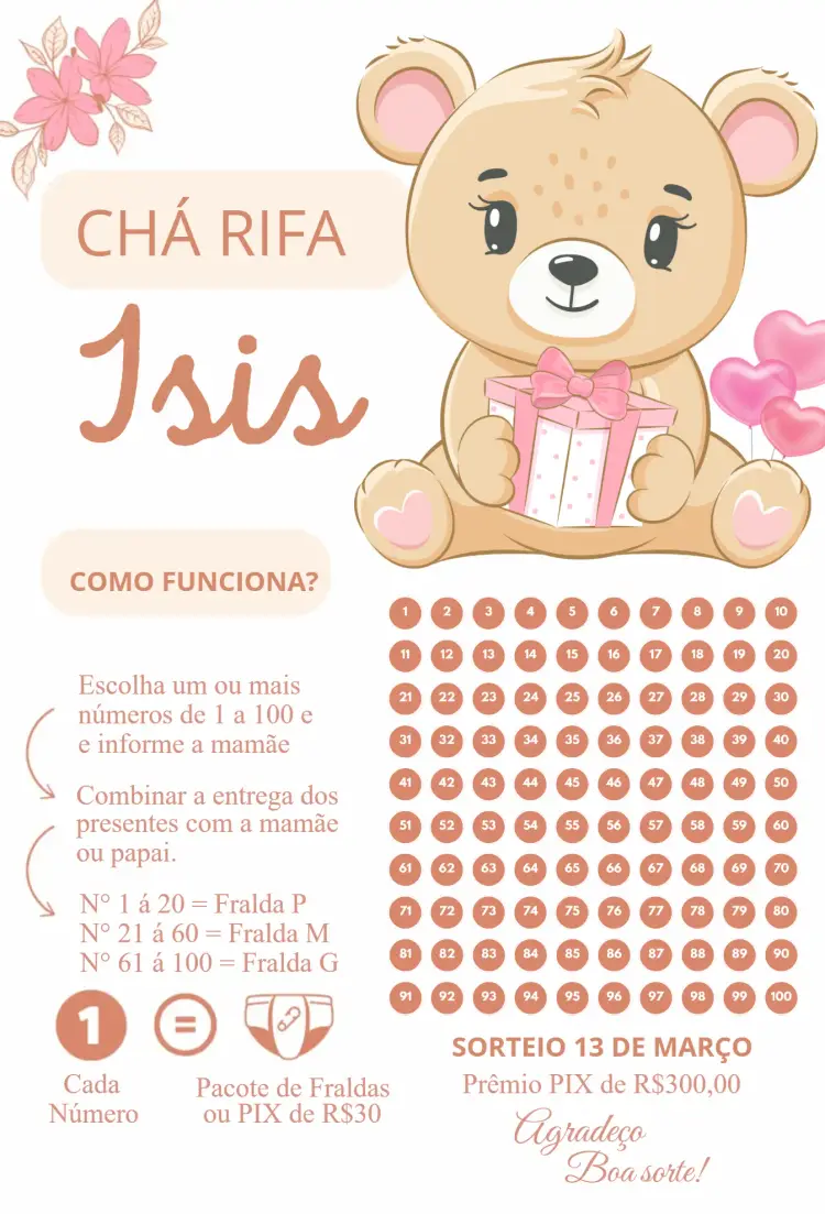 Convite Ursinha Marrom editável e personalizável
