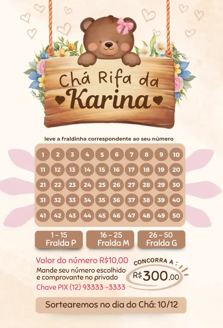 Convite Ursinho delicado – tema Chá Rifa delicado, animais, safari, natureza, cores suaves, ilustrações fofas