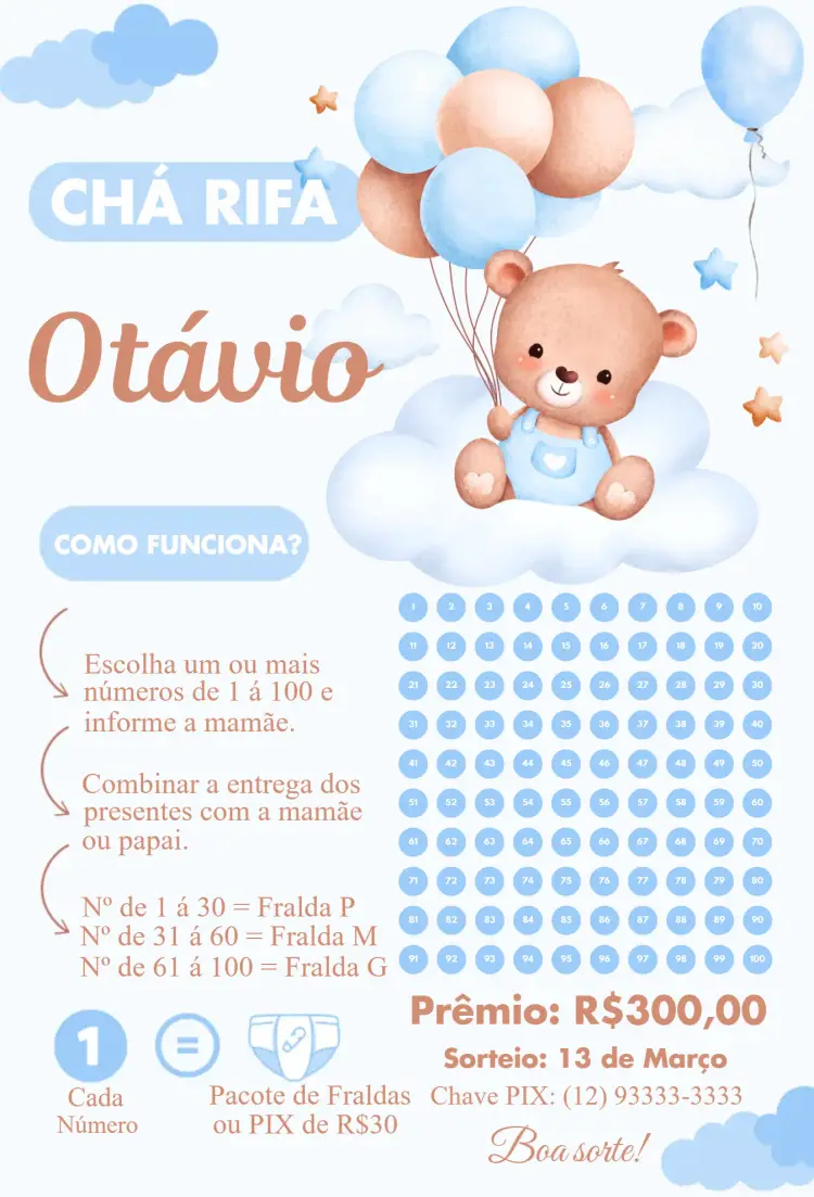 Convite Ursinho nas nuvens editável e personalizável