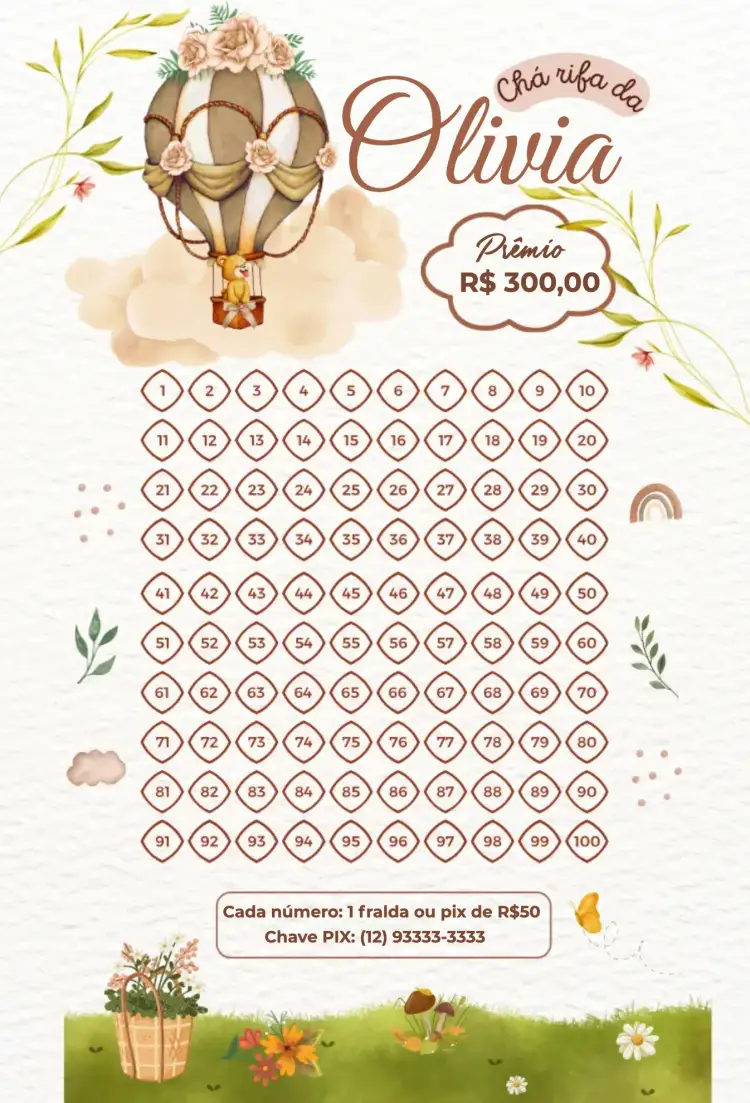 Convite Ursinho no balão – tema Chá Rifa pastel, lúdico, infantil, delicado, brincalhão