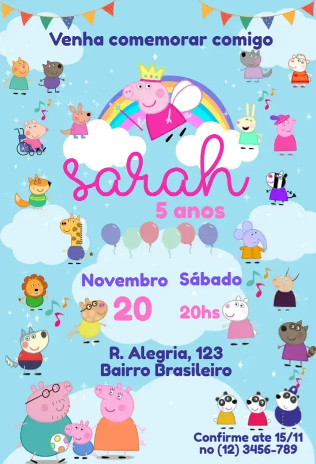 Convite Peppa Pig e Amigos – tema Aniversário Infantil colorido, divertido, infantil, temática, cartoon, alegre